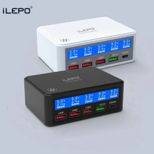 Hubs 65W PD QC Chargeur USB rapide 5 ports Station de charge intelligente Adaptateur de charge rapide USB C Chargeur de type C Type C Affichage Chargeurs de bureau