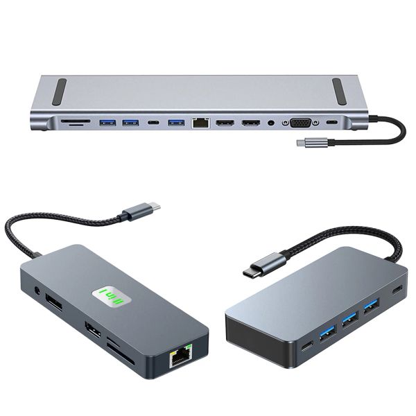 Hubs 7/11/12 en 1 adaptador multipuerto con 4k HDMicompatible VGA DP USB 3.2/3.0/2.0 Puertos USB C Adaptador Gigabit Ethernet para PC portátil