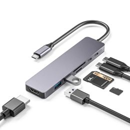 Hubs 7 en 1 Type C Hub USB C Dock pour ordinateur portable, 2xUSB3.0 Affichage du port 4K, ports USB, charge rapide, alliage en aluminium