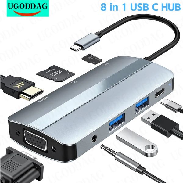Hubs 8 en 1 USB C Station d'amarrage du hub de type C à 4k adaptateur HDTV OTG avec VGA Thunderbolt 3 PD USB3.0 SD / TF 3.5 mm pour ordinateur portable MacBook