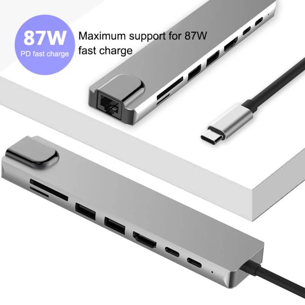 Hubs 8 en 1 USB C Hub Type C Convertisseur USB3.1 Câble adaptateur multifonctionnel RJ45 100MBP