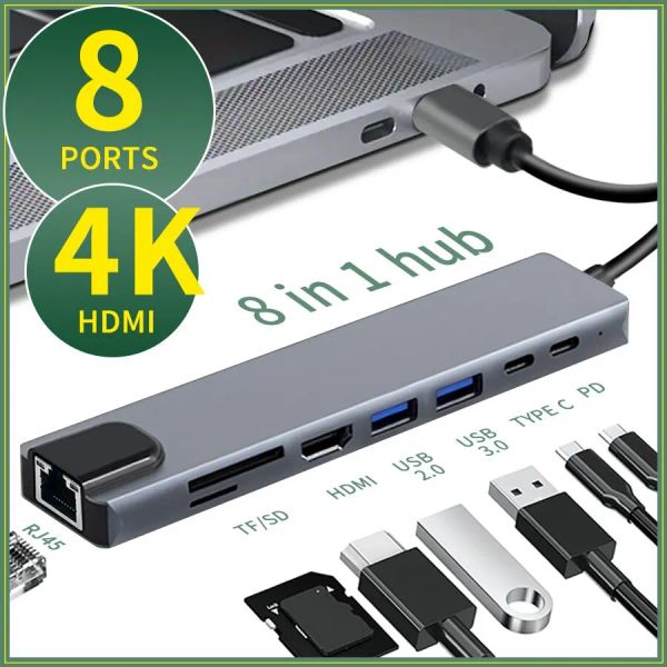 Hubs 8 en 1 USB Type C Hub USB C à HDMICOMPATIBLE RJ45 TF SD Lecteur PD 87W USB 3.0 Hub RJ45 pour Splitter de Station MacBook Pro Dock