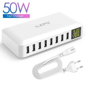 Hubs 8 ports USB Charger 50W 8A Affichage LCD Multi port USB Hub Fast Charging Mur Charger Adaptateur pour l'iPhone Xiaomi Huawei