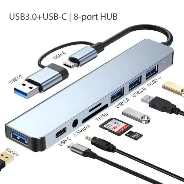 Hubs 8in1 USB C Hub Type C Adaptateur Dock Station USB Splitter Type C vers USB OTG TF SD Carte Reader 3.5 mm Jack Converter pour MacBook Pro