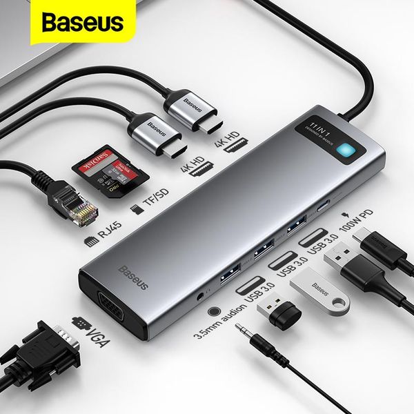 Hubs Baseus USB C Hub USB 3.0 Type C à HDMICOMPATIBLE RJ45 SD Adaptateur 8 dans 1 Splitter USBC Hub pour MacBook Pro Air Notebook