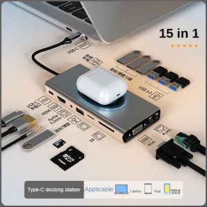 Hubs BXH 15 en 1 HDTV VGA Charge sans fil USB Type C Adaptateur Multifinection Hub Spparking Adapter Splate