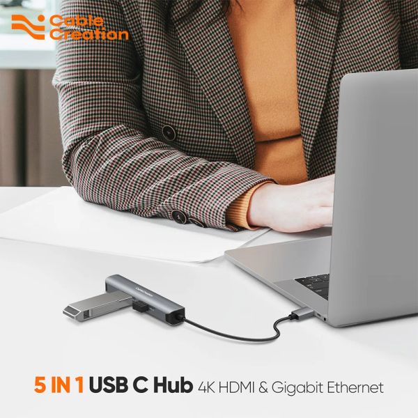 Hubs CableCreation USB C Hub 5in1 4k 30Hz 60Hz Type C à l'adaptateur HDMI Hub avec USB 3.0 Ethernet USB C Dock Station pour MacBook Air