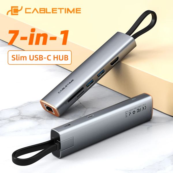 Hubs Cabletime 7 in 1 Slim USB C Hub vers LAN 1000MBPS HDMI 4K 60HZ 100W SD TF TF Carte pour Dell MacBook Type C Multi Dock C432