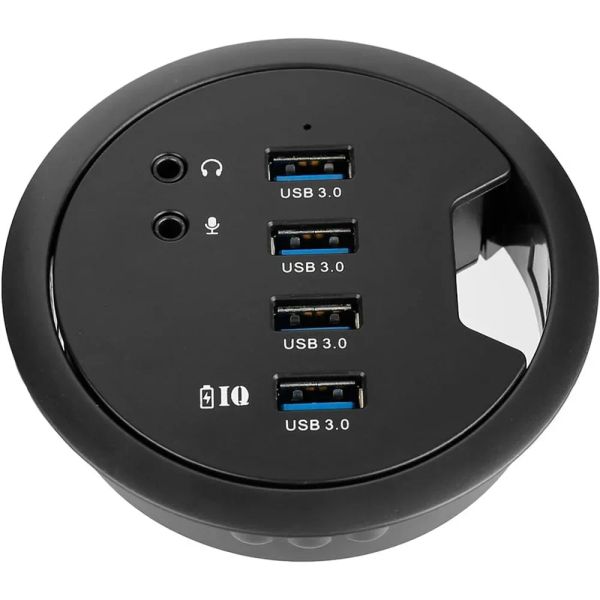 Hubs DeskFit 80mm 4 port USB 3.0 Hub avec téléphone audio audio 3,5 mm Jack / BC 1.2 USB Charger, adaptateur de puissance 5V / 2A pour iPhone / Smart Phones