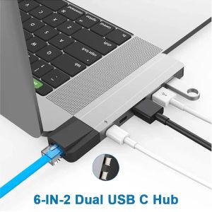 Hubs Dual USB C Hub Adapter Thunderbolt 3 Dock met 4K HDMI Gigabit Ethernet RJ45 1000M TF/SD -lezer 100W PD voor MacBook Pro/Air M1