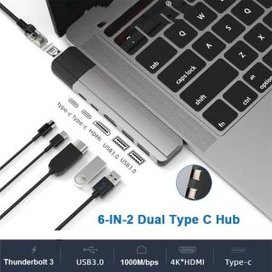 Hubs Dual USB C Hub Thunderbolt 3 Dock avec 4K HDMI Gigabit Ethernet RJ45 1000m TF / SD Reader PD 100W Adaptateur pour MacBook Pro / Air M1