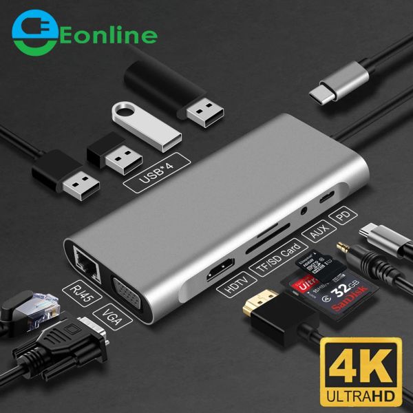 HUBS EONLINE 11 en 1 Múltiple Hub USB 3.0 Adaptador tipo C para MacBook HDMI PD Charger Audio VGA RJ45