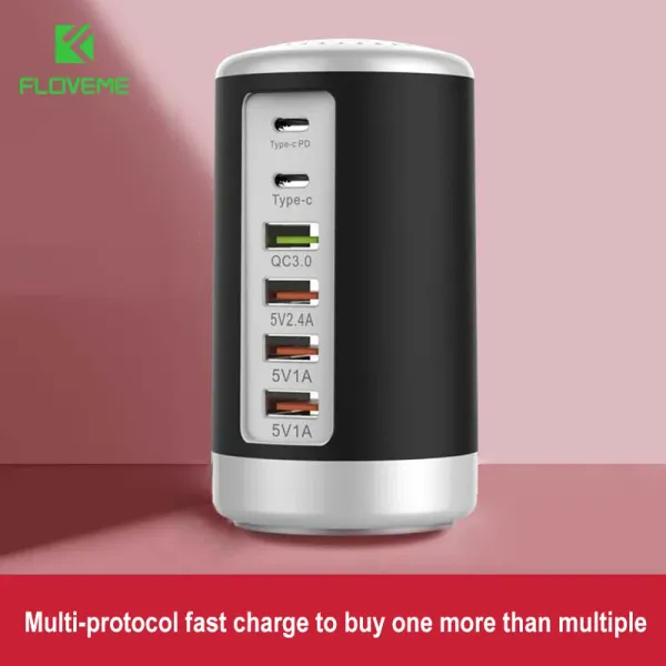 Hubs Floveme Multi Port USB Charger Hub QC3.0 65W USB Fast Charger Multi 6 Port Tipo C PD Cargador Móvil Cargue Mocking Dock Station