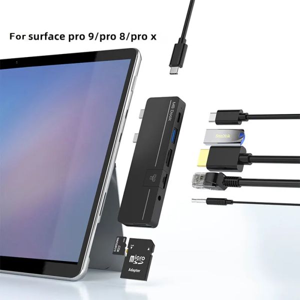 Hubs for Surface Pro X / Pro 8 / Pro 9 USB Type C Hub USB Hub vers HDMI 4K avec Thunderbolt 3 USB 3.0 RJ45 Pd Charge TF / SD audio