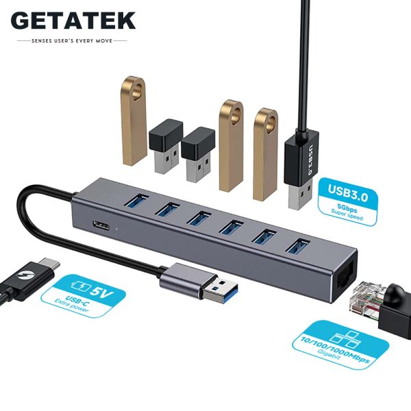 Hubs Getatek 6 ports USB 3.0 Hub 5Gbps High Speed Type C 5V Adaptateur Ethernet de puissance supplémentaire RJ45 pour les accessoires d'ordinateur PC MacBook Pro