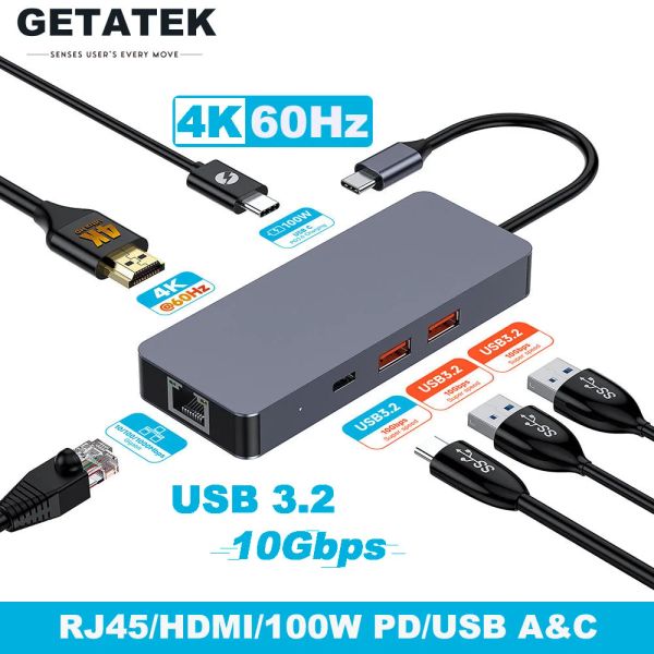 Hubs Getatek 6IN1 USB C Hub 4k 60Hz HDMI Type C à Ethernet USB C PD 100W Charge USB 3.2 Hub pour MacBook / Lenovo iPhone 15 Pro Max