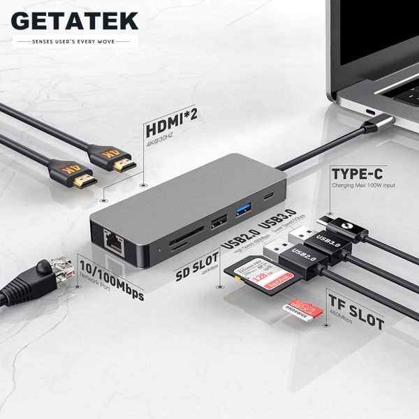 Hubs Getatek USB Hub 8 en 1 1 type C 3.0 à 4K HDMI Adaptateur avec RJ45 SD / TF Lecteur de carte PD Facture pour l'ordinateur portable MacBook Notebook