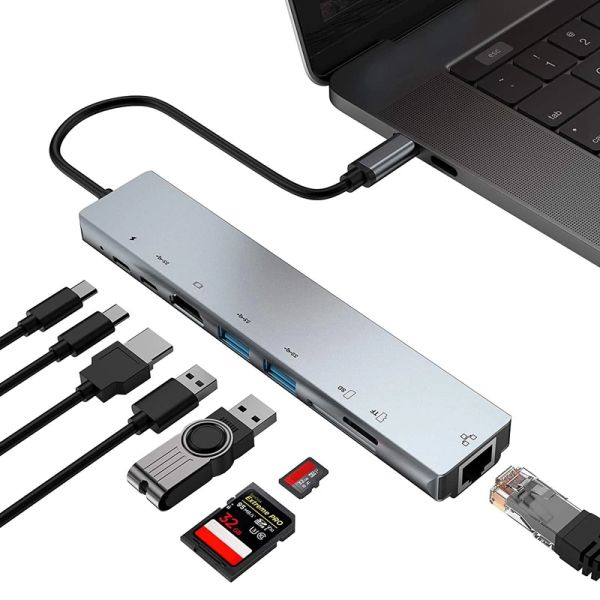 HUBS HUB 8 en 1 Adaptador de tipo C Multiport con HDMI 4K, puerto Ethernet 100Mbps RJ45, entrega de energía USBC, lectura de tarjeta TF/SD