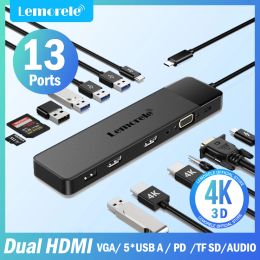 Hubs Lemorele 13Ports USB Hub Type C Hub USB Docking Station Dual HDMI 4K30Hz VGA USB3.0 Adapter voor MacBook Windows Laptop Hub