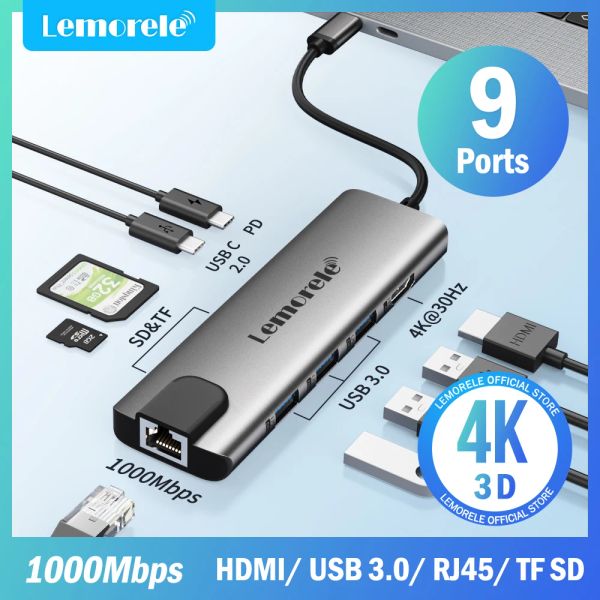 HUBS LEMORELE USB HUB USB 3.0 a HDMI 4K30Hz Tipo C Estación de acoplamiento USB C Adaptador Hub Gigabit Ethernet para Xiaomi Lenovo MacBook Pro