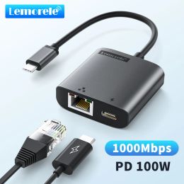 Hubs Lemorele USBC Gigabit RJ45 -adapter met PD 3.0 PASSDROUGH HUB USB C RJ45 Gigabit Ethernet -snelheden voor laptop