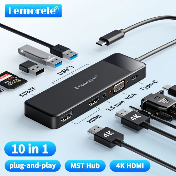Hubs LeMorele USBC Hub 10ports Station d'amarrage USB Type C à Dual HDMI 4K 30Hz VGA USB 3.0 Adaptateur PD100W SD Card pour MacBook