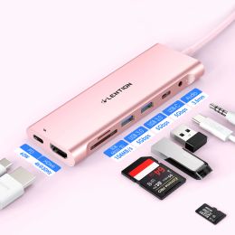 Hubs Lention USB C Hub Cable de 1 m de largo con 4K HDMI SD/TF (104MB/s) a MacBook Air/Pro iPad Lector de teléfono Aux Tipo C Surface Adapter