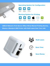 Hubs loyaliteitssecu netwerk Windows USB naar Ethernet Adapter Print Server Android 1 Port White