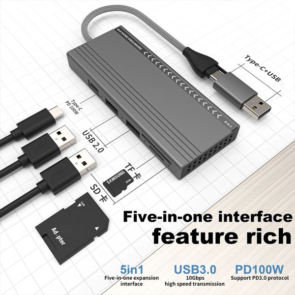 Hubs M.2 NVME / SATA SSD Acture 7 en 1 USB Typec Hub USB 3.2 Gen 2 10Gbps Case de adaptador M2 externo SD / TF Ranuras para la computadora portátil PC