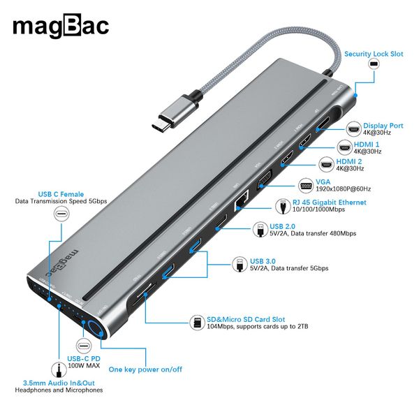 Hubs Magbac Hub USB C 3.0 Estación de muelle para MacBook Pro Thunderbolt 3 4 Lenovo Samsung Asus 14in1 Triple Pantall Multiports Hub USB