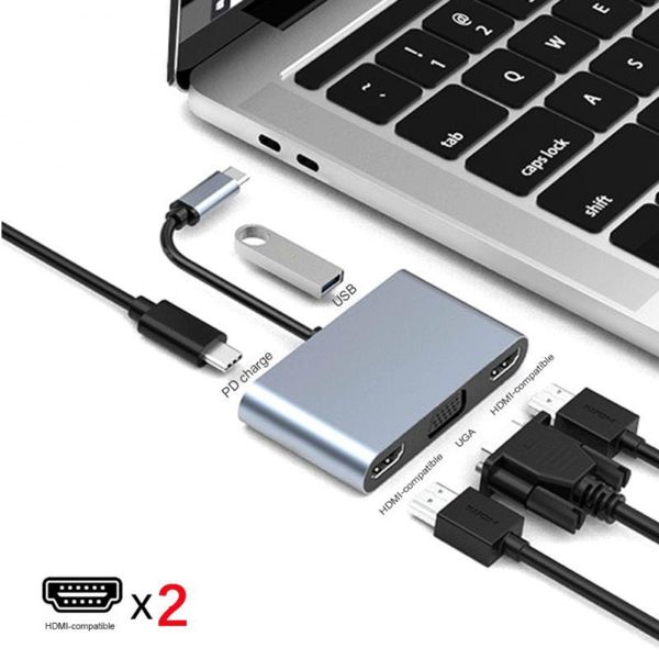 Hubs Multi-pantalla Pantalla simultánea Estación de acoplamiento para computadora portátil Tipo-c a Dual -compatible VGA USB3.0 Adaptador de concentrador PDUSB USBUSB USB