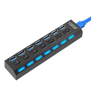 Hubs Expander Multiple Hub 47 USB 30 Ports Splitter avec adaptateur d'alimentation de câble détachable LED bleue pour PC Mobilephones8148888