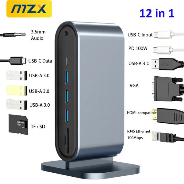 Hubs Mzx 12 in 1 Station d'amarrage TIPO C Type USB Hub 3 0 2 Adaptateur séparateur extenseur Vertical To HDMICOMPATIBLE RJ45 Dock pour ordinateur portable