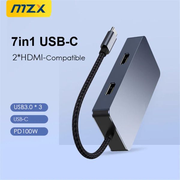 Hubs Mzx 7 dans 1 Station d'amarrage 2 HDMICOMPATIBLE MST 4K 30HZ HDML USB 3 0 Extension du moyeu Tipo C Type USBC PD100W Concentrateur de quai