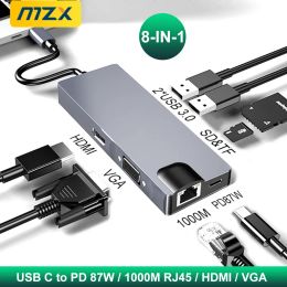 HUBS MZX 8IN1 1000Mbps RJ45 Estación de acoplamiento USB Hub 3.0 Tipo C Ethernet Extensor 3 0 DISCURA DEL SEPTERADOR DEL SEPTER VGA PD 4K para MacBook HDMI