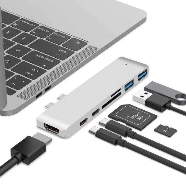 Hubs Nouveau 7 en 1 USB 3.1 Typec Hub to HDMI Adaptateur 4K Thunderbolt 3 USB C Hub 3.0 TF SD Reader Slot Pd pour MacBook Air Pro M2 M1 Chip