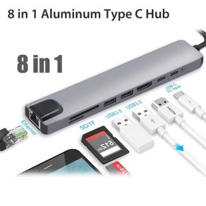 Hubs Nouveau 8in1 multiport USB 3.0 Type C vers USBC Hub 4K HDMICOMPATIBLE ADAPTER 87W PD Convertisseur de câble de port de charge rapide pour MacBook