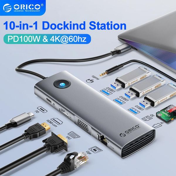 Hubs Orico Accurement Station USB C Hub à 4K60Hz HDMICOMPATIBLE USB 3.0 Adaptateur RJ45 PD100W Charge pour MacBook Air M1 M2 Splitter USB