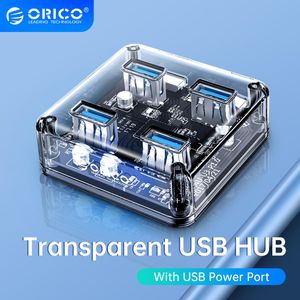 Hubs orico transparante USB Hub 4 Poorten USB3.0 Adapter Splitter Ondersteuning Externe micro USB -voeding voor desktop laptopaccessoires