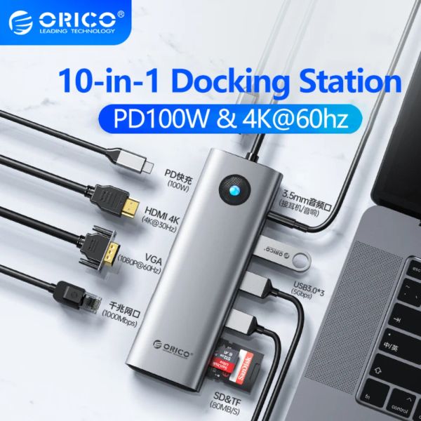HUBS ORICO USB C HUB 4K 60Hz Tipo C a HDMI 2.0 RJ45 PD 100W Adaptador para MacBook Air Pro iPad Pro M2 M1 Accesorios de PC USB 3.0 Hub