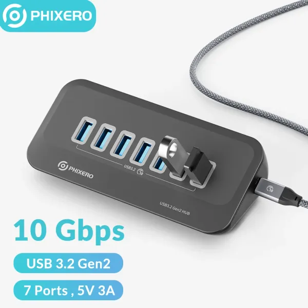 Hubs Phixero 10 Gbps USB 3.2 Splateur de moyeu Type C Commutateur Dock Station multiprise USB 7 Ports Plug SD Carte Reader pour surface MacBook PC