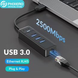 Hubs Phixero 2.5g USB Hub Ethernet Adaptateur 2500 Mbps USB RJ45 Typec à 2,5 Gigabit Adapter Expander pour le réseau de cahiers PC d'ordinateur portable