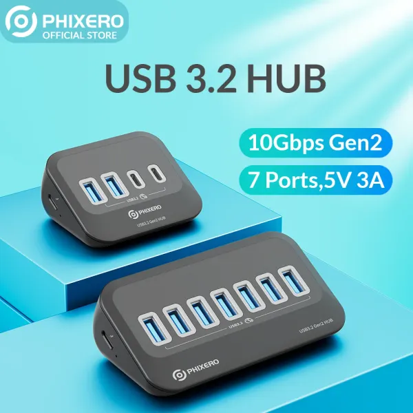 Hubs Phixero 7 ports USB Hub 3.2 Station d'accueil Hub Type C 10 Gbit / s commutateur de séparateur Splitter Dock Multi Port SD Card Sock pour un ordinateur portable de livre