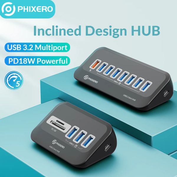 Hubs Phixero USB 3.2 Divisor de concentración tipo C Adaptador Varios puertos Dock Multi Plug Switch Dock 3.0 con TF Micro SD Lector de tarjetas para PC MacBook