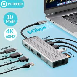 Hubs phixero usb c hub to hdmicompatible vga usb 3.0 adapter 10 in 1 usb type c hub dock pour macbook pro pd rj45 sd carte lecteur