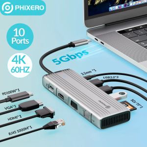 Hubs Phixero USB C Hub naar HDMICompatible VGA USB 3.0 Adapter 10 In 1 USB Type C Hub Dock voor MacBook Pro Air Pd RJ45 SD -kaartlezer