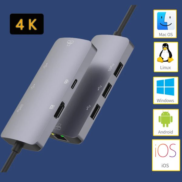 Hubs enchufe y reproduce para Mac OS/Windows/Linux/Android/IOS Multifunción Typec Typec al convertidor HDMI USBC Hub USB 3.0 Adaptador 4K