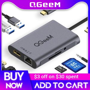 Hubs QGeem 8 dans 1 HUB C C pour MacBook Pro USB Hub 3.0 Adaptateur PD HDMI RJ45 TF SD 3.5 mm AUX Type C Hub pour iPad Pro Splitter Dock