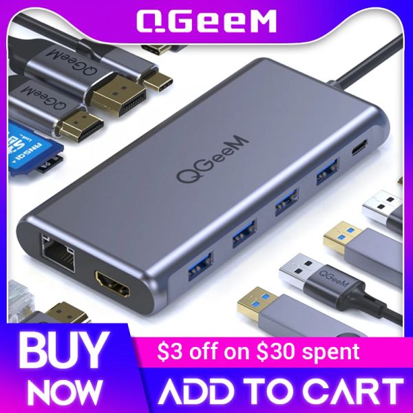 HUBS QGEEM Dual 4K DP HDMI USB C HUB para MacBook Pro Triple Display Type C Hub a Micro SD Lectores de tarjetas RJ45 PD USB3.0 Adaptador de cubo