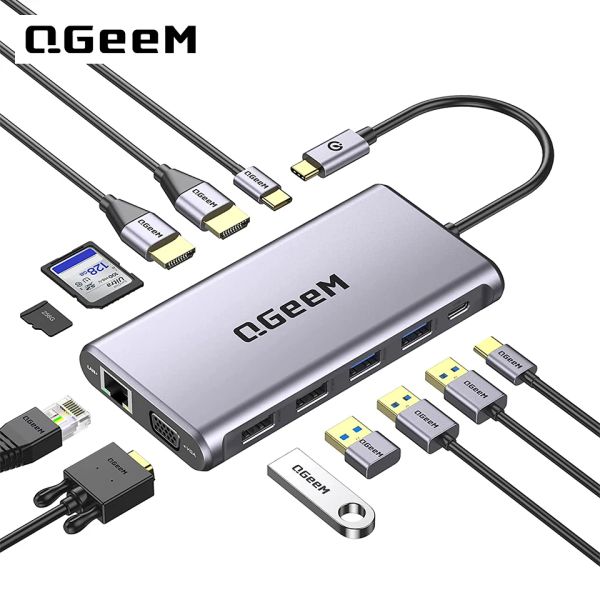 Hubs QGeem USB C Station d'accueil, 12 en 1 USB C Hub ordinateur portable Station d'amarrage double moniteur, triple affichage USB Type C Dock 4k Dual HDMI